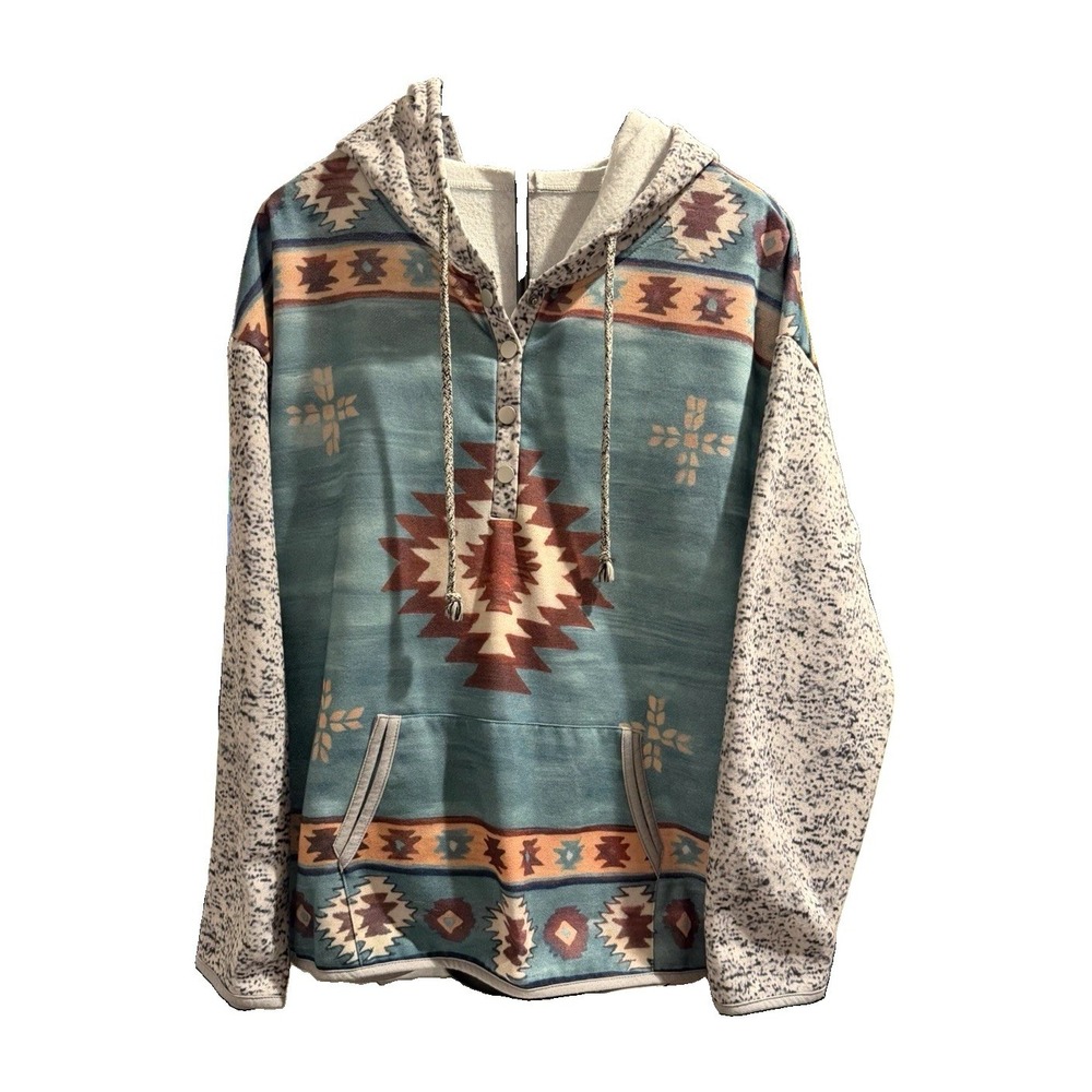 Women Plus 3XL Pullover Hoodie Aztec Blue White Brown Pockets Button Accent